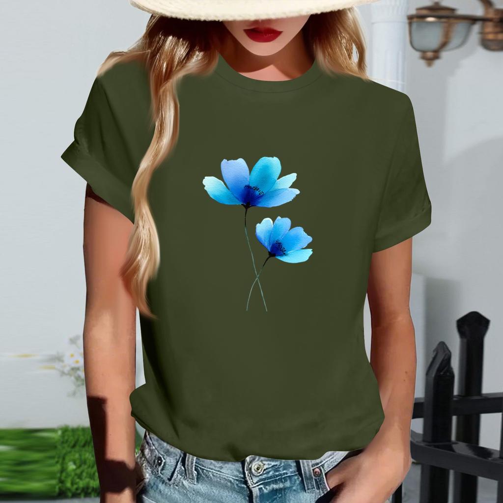 Damen Modisches Rundhals Casual Retro Print Kurzarm T-Shirt Top