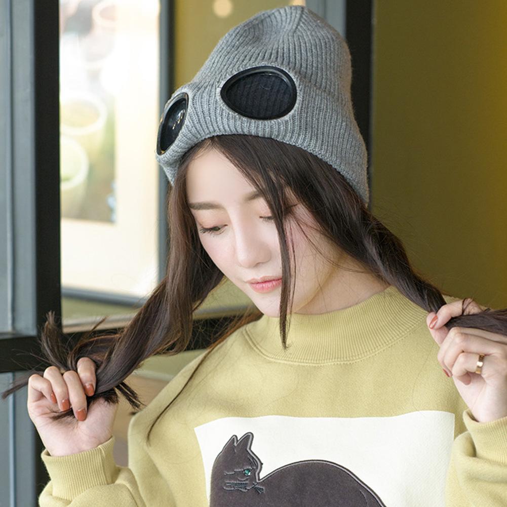 Men Women Couple Fashion Autumn And Winter Fleece Knit Warm Wool with Googles Ski Cap Hat