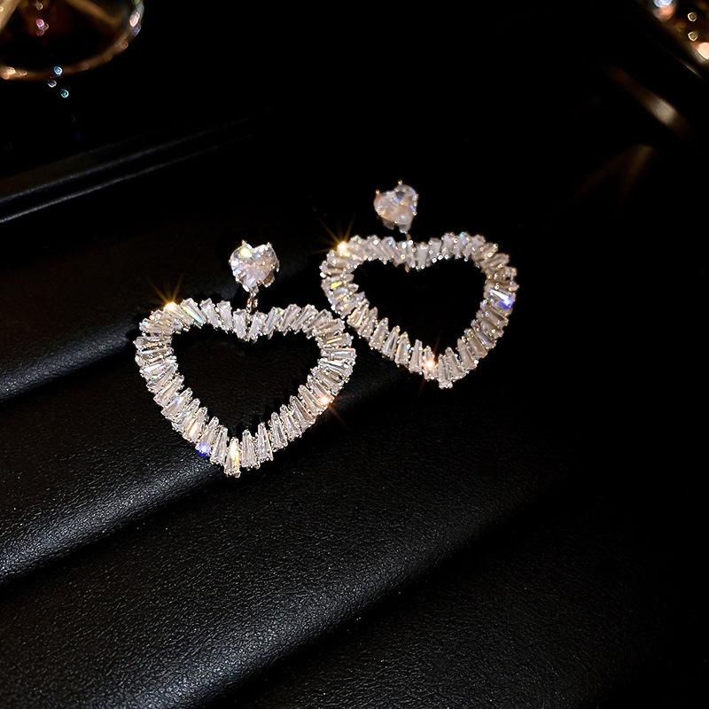 Zircon Rhinest Set Hollow Love Earrings for Women Korean Sweet Temperament Drop Earrings Exaggerated Luxury Wedding Zircon