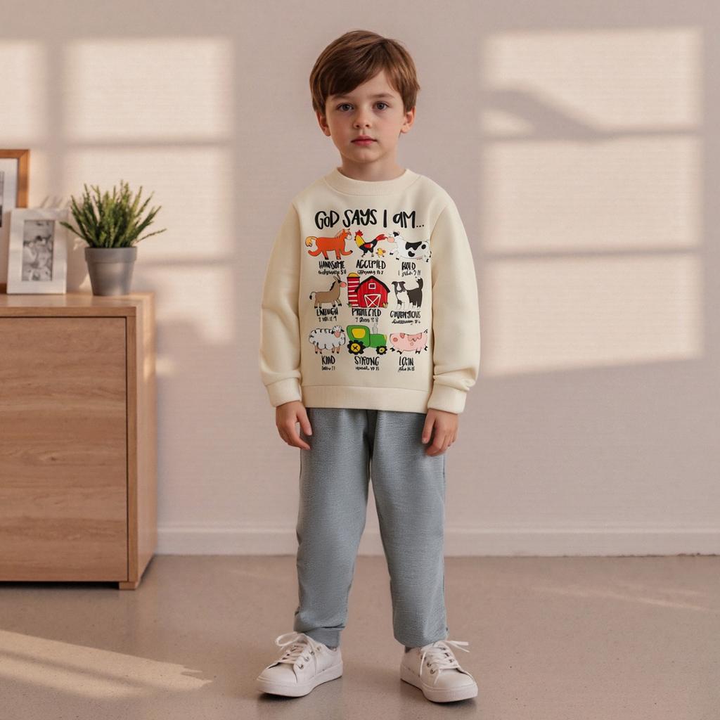 Toddler Boy Fall Outfits Animal Print Long Sleeve Round Neck Pullover Elastic Waist Solid Pants 2 Pcs Set