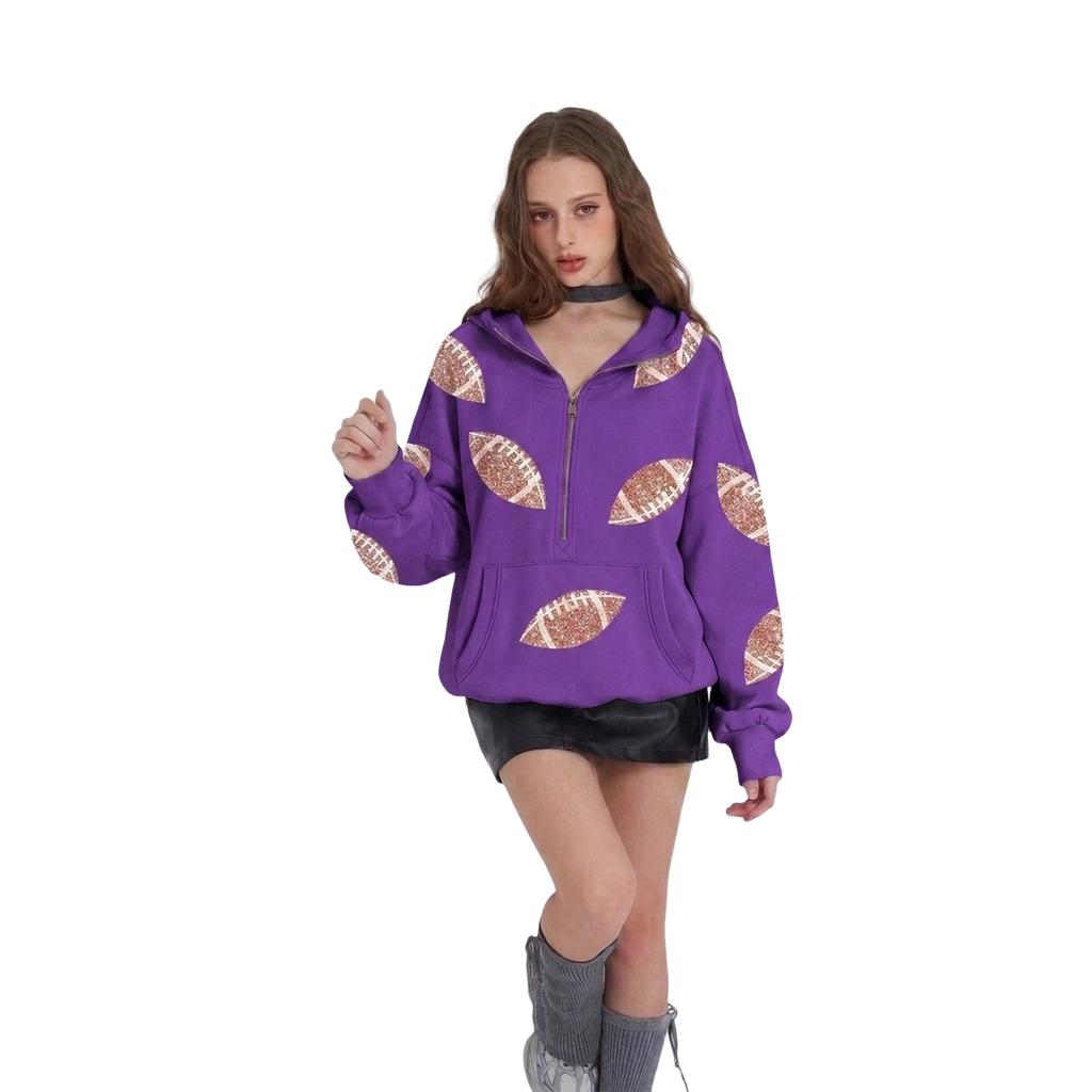 Women's Half Zip Hooded Sweatshirt with Football Print for Casual Wear