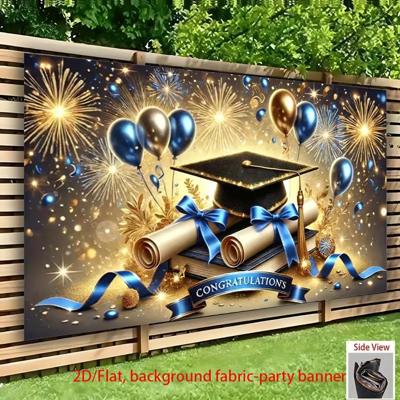 

Elegant 2026 Grad Party Backdrop, Blue Gold Ribbons Fireworks Diplomas Grad Cap for Graduation Decor 47.2x31.5inch/120*80cm