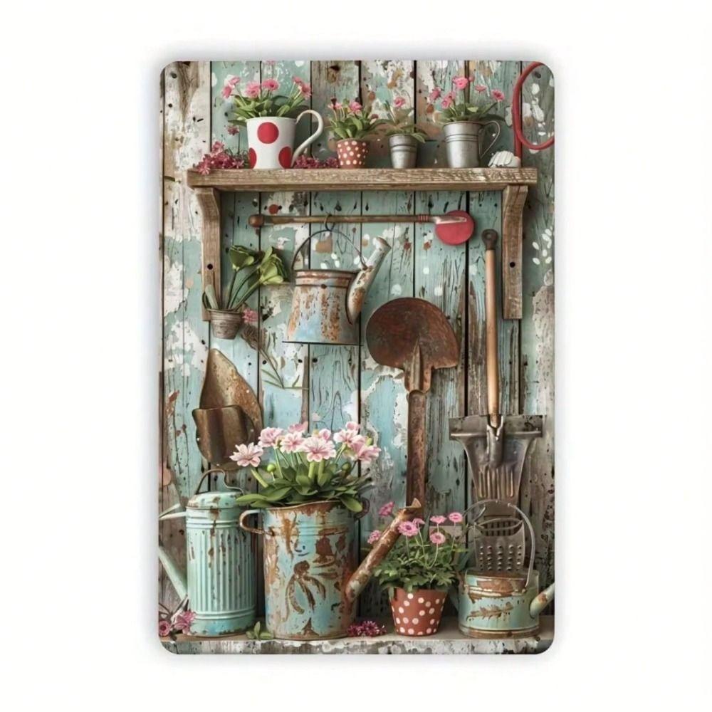 Metal Wall Art Blue Wooden Background Garden Tool Decor for Home Bar Cafe Garage