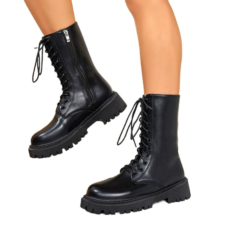 Women's Fashion Round Toe Square Heel Lace-up Side Zipper Mid-tube Retro All-match Street Style Autumn Women Boots 36-41