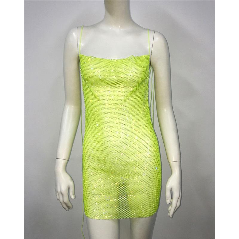 Sexy Sleeveless Dress with Backless Design Fishnet Rhinestone Lace Up Bodycon for Trendy Women