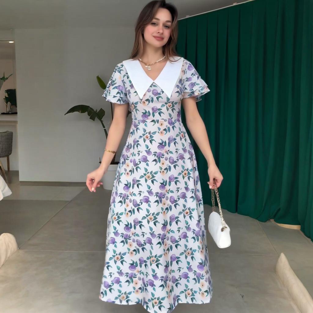 

Летнее платье 2025 с V-образным вырезом, принтом, коротким рукавом, роскошное, приталенное XL