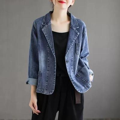Women s Spring and Autumn Long-sleeved Denim Jacket Solid Color Temperament Pocket Jacket M