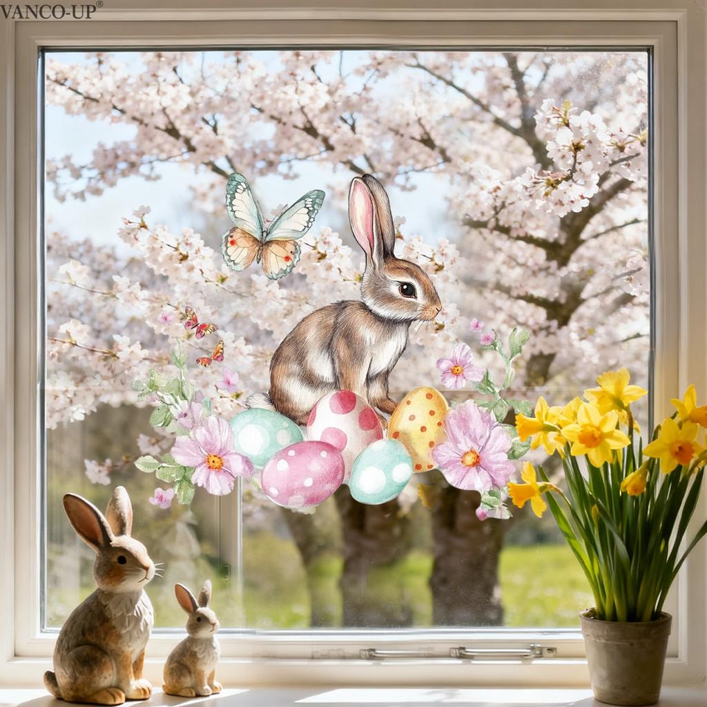 Easter Window Stickers, Creative Cute Floral Bunny Eggs Decor, Static Cling Glass Decals for Bedroom Living Room Holiday Decoration