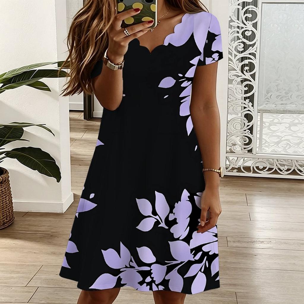 Oversized Ladies V Neck Short Sleeve Dress Watercolor Blossom Printed Loose Dress For Spring Outing And Daily Life