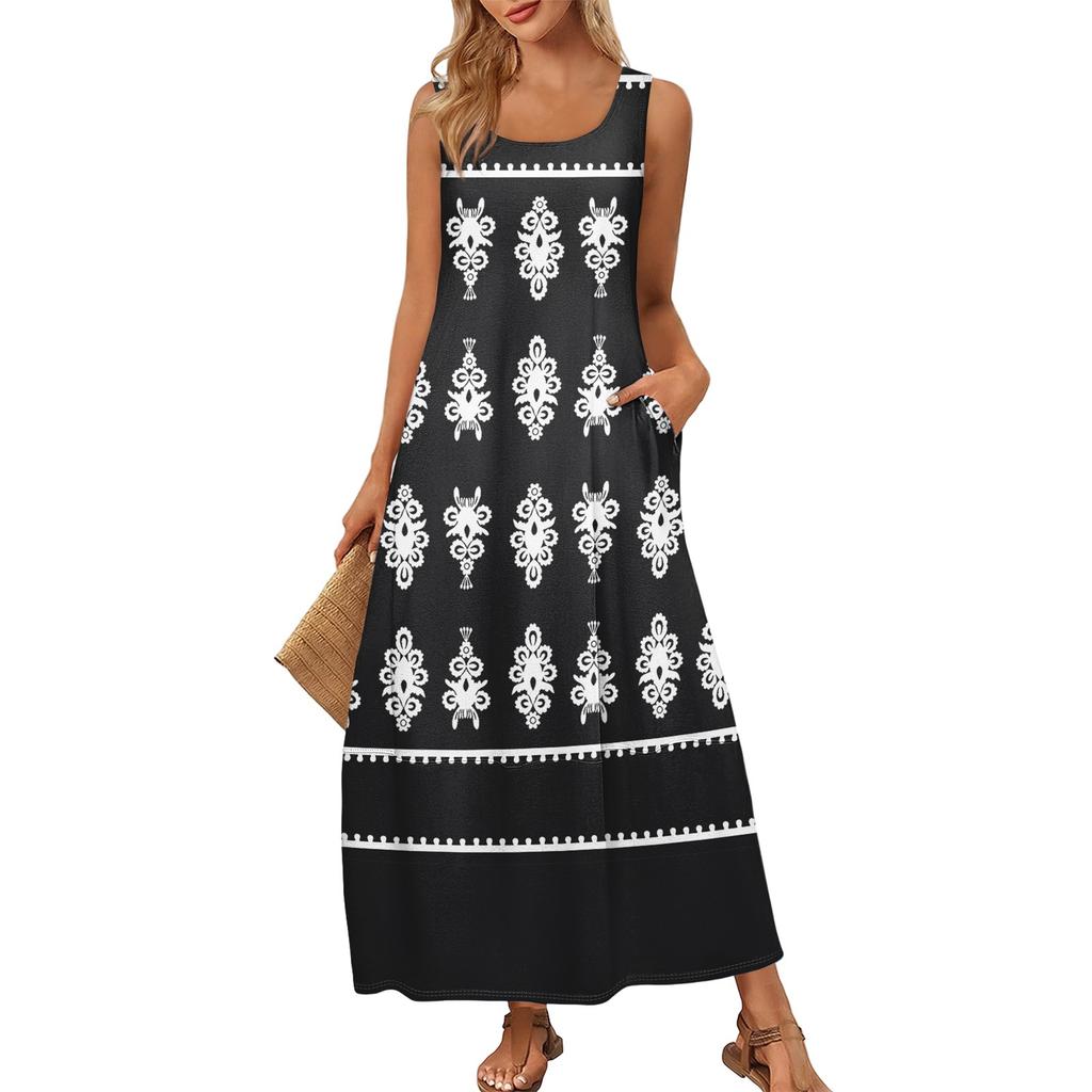 Women's Casual Long-length Sundress Summer Beach Printing Dress Round Neck Sleeveless Loose Sundress