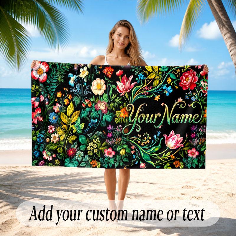 Floral Garden Theme Soft Beach Towel Personalized Custom Name Text Towel Portable for Beach Pool Travel