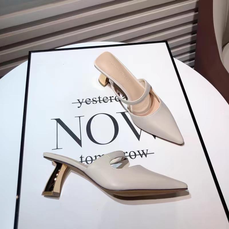 Women's Slippers and Ladies Sandals Leather Sexy Slides Black Shoes Pointed Toe Mules Vip Eva Korea Style Chic Elegant on Sale