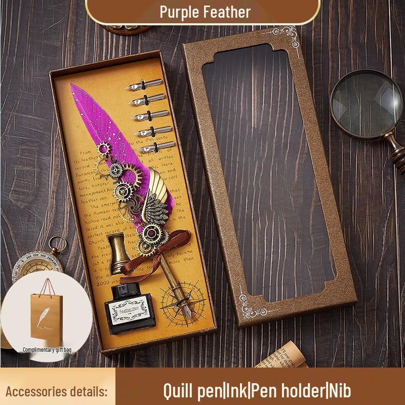 Europejski Steampunkowy Zestaw Pióra i Atramentu z Pieczęcią Woskową - Retro Pudełko Prezentowe na Fontannę na Urodziny