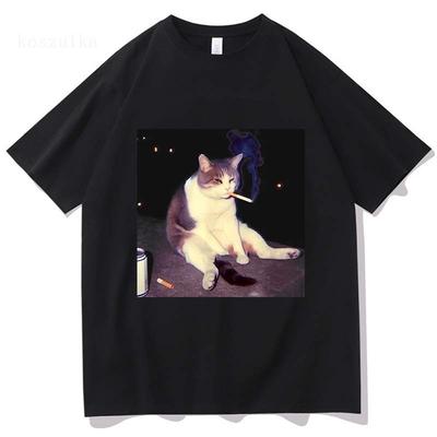 Vintage Cigarette Kitten Funny Smoking Cat Meme Stupid Brainrot Graphic Tshirt Unisex Women Fashion Tshirts Cotton Casual T Shirt