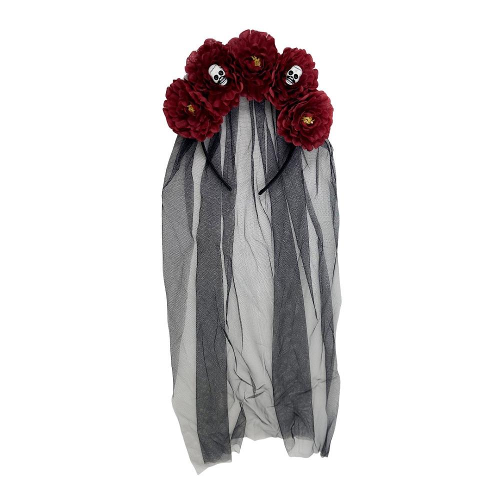 Girls Day of The Dead Flowers Headdress Long Ribbon Veil Gothic Head Hoop  Party Cosplay