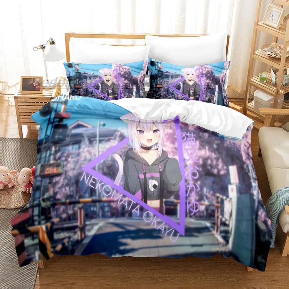 Hololive Neko Mata Okayu Ložní souprava Jednolůžko Dvojlůžko Plná Velikost Queen King Ložní souprava Aldult Dítě Ložnice Sady povlečení 3D Anime