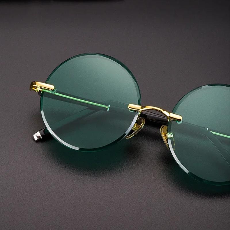 Non-polarized Fashion Classic Rimless Sunglasses Women Men Dark Green Lens Sun Glasses Round Glasses Summer Decorative Eyeglasses