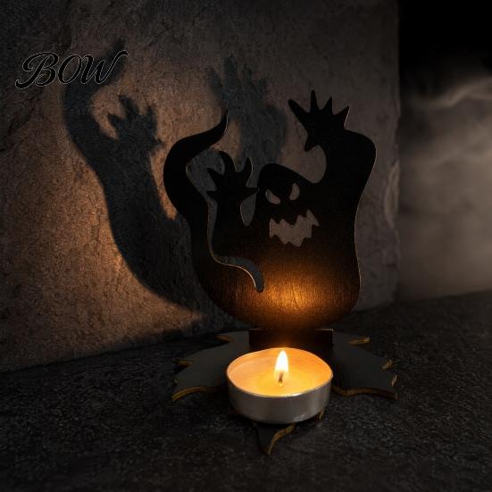 Wear Resistant Black Holder Halloween Ghost Candle Holder, Solid Wood Tea Light Stand, Maple Leaf Hollow Silhouette Shadow Base Candlestick,