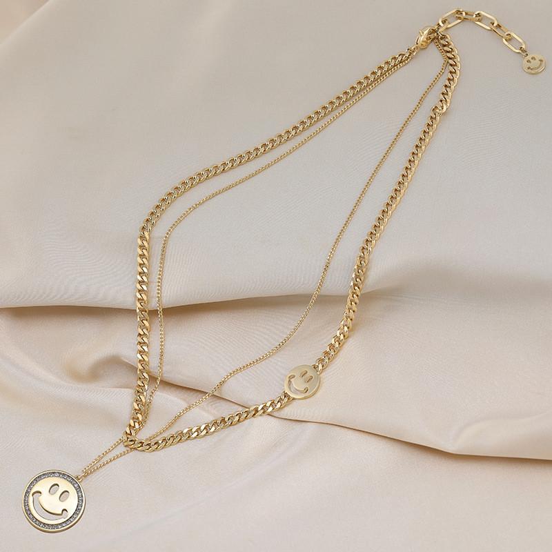Elegant Layer Double Smiley Face Necklace For Women In Stylish Korean Design Available In Silver And Gold Elegant Titanium Steel