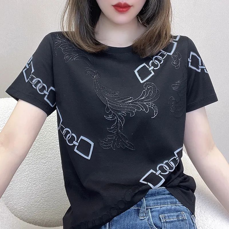 Summer Korean Fashion Round Neck Loose Casual Chain Printing Tee Women Short Sleeve All-match Pullover T-shirt Female Tee