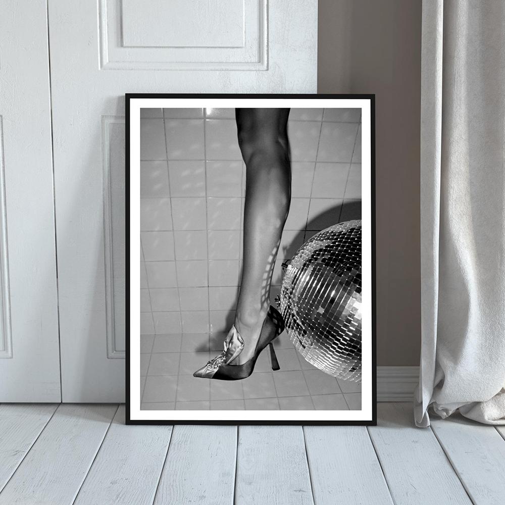 High Heels Disco Ball Print Black and White Fashion Poster Trendy Wall Art Pictures Party Girly Dorm Room Decor Canvas Painting