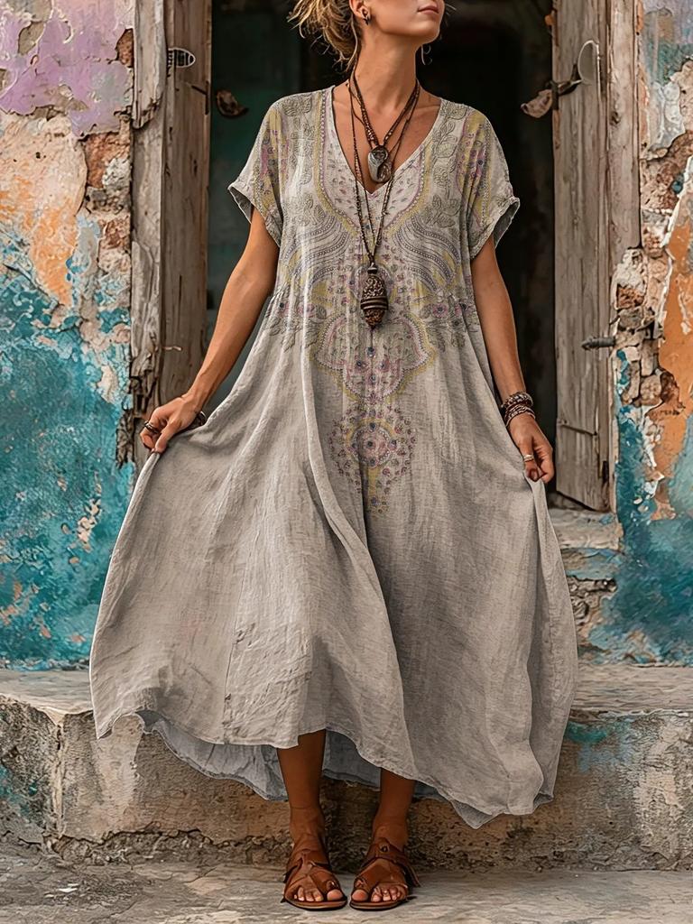 European and American women's blue retro ethnic style printing loose long dress polyester comfortable casual slim short sleeves