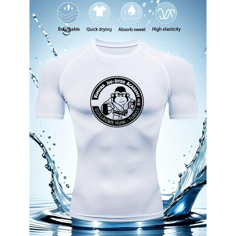 Mens White Compression Short Sleeve T-Shirt Cartoon Monkey Weightlifting Graphic Quick Dry High Elasticity Gym Workout And BJJ Athletic Top
