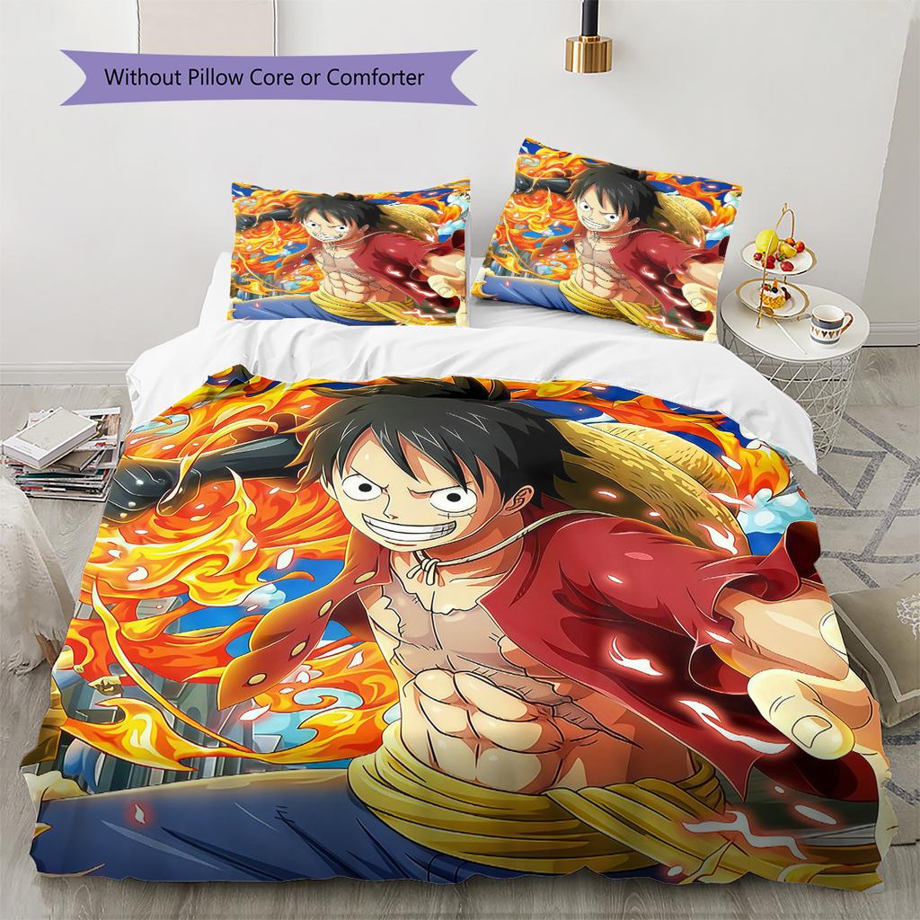 One Piece Anime Pattern Bedding Quilt Set Quilt Cover Pillowcase Home Birthday Gift(1 * Duvet Cover + 2 * Pillowcase, Without Core)