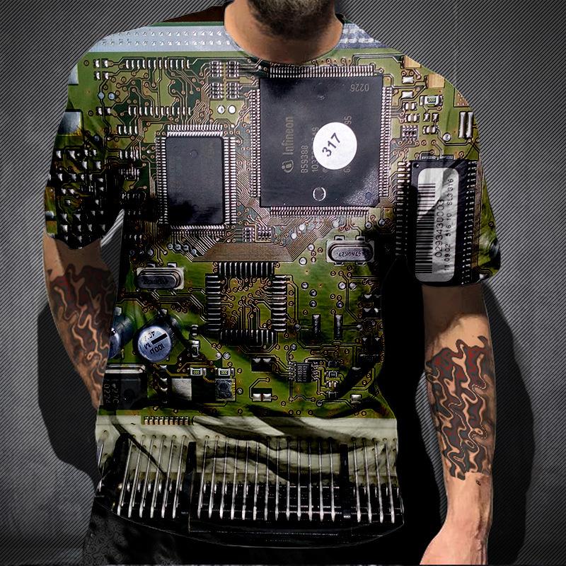 Summer Round Neck Circuit Board Pattern 3D Print Top Fashionable Casual Short Sleeved Men's T-shirts