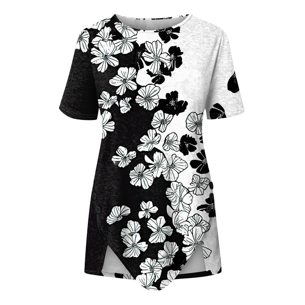 Women's Summer Short Sleeve Round Neck Side Button Print Top