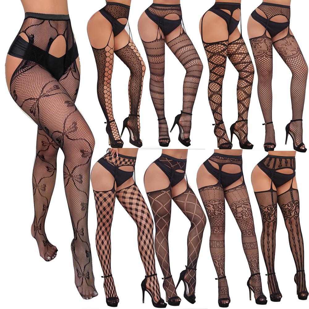 New style open crotch lace transparent suspender black silk sexy fishnet stockings non-slip one-piece suspender belt for women