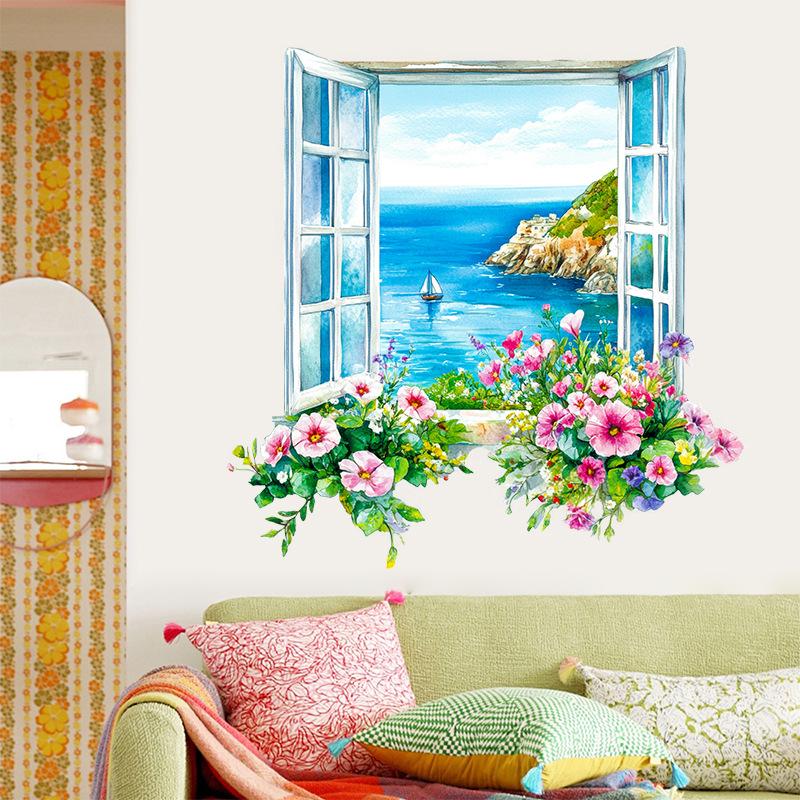 3D Fake Window Wall Sticker Self Adhesive Window Sill Flower Butterfly Decal for Living Room Bedroom Decoration Home Decor
