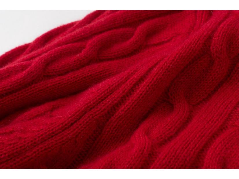 100% Pure Cashmere Red Cable Knit Cardigan - Round Neck, Thick Retro Chinese Style Sweater Coat for Mom.