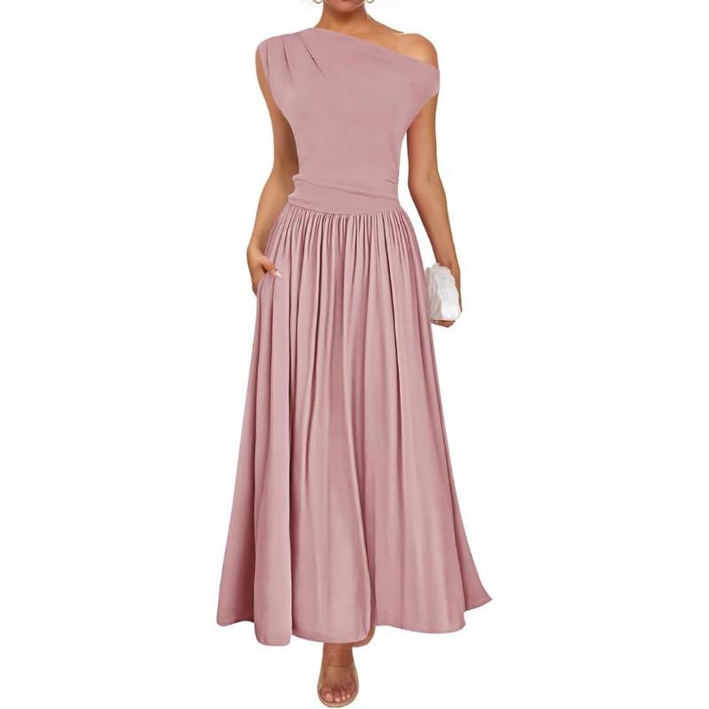 

YYFS Женская мода лето весна однотонный принт без рукавов косой воротник высокая талия повседневные платья XL розовый