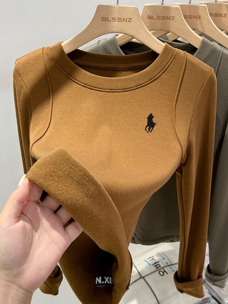 Korean Dongdaemun Embroidered Little Horse Velvet Lined Round Neck Women's T-shirt, Long Sleeve Autumn/Winter Top