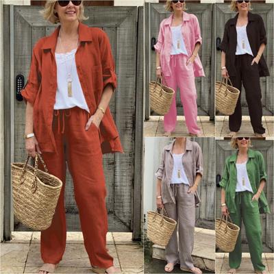 Summer Women's Casual Solid Color Shirt Top Set Women's Fashion Long Sleeve Button Top Wide Leg Pants Two-Piece Trousers Set