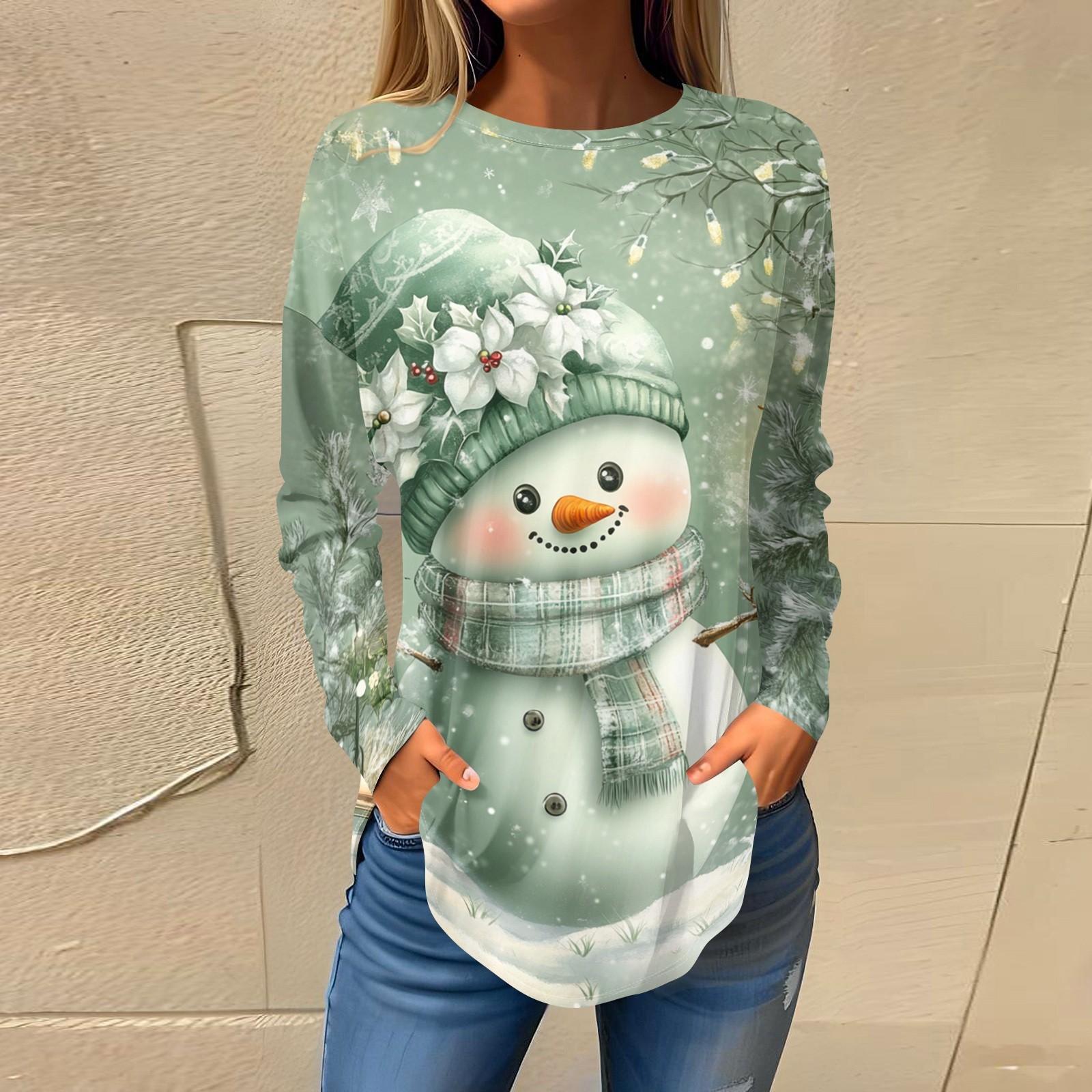 

Футболки для женщин, осенние повседневные рубашки с длинным рукавом, толстовки с винтажным графическим принтом, топы, пуловеры, рождественские XXXL зелёный