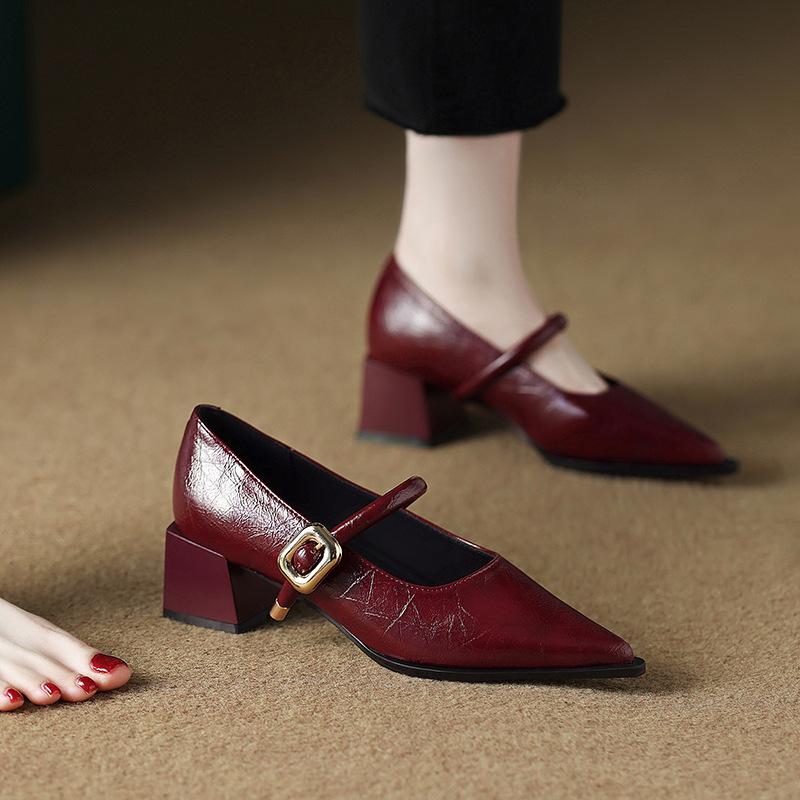 83656-1 Huidong County Daling Schuhe Mary Janes Damenschuhe Dicker Absatz Hohe Absätze Frühling Einzelne Schuhe Damen Spitz Kleine Lederschuhe