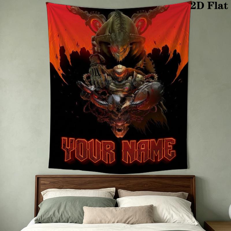 Custom Name Doom Pattern Wall Tapestry Aesthetic Wall Hanging Printed Fabric Blanket Decorative Tapestries for Bedroom Living Room Home Decor