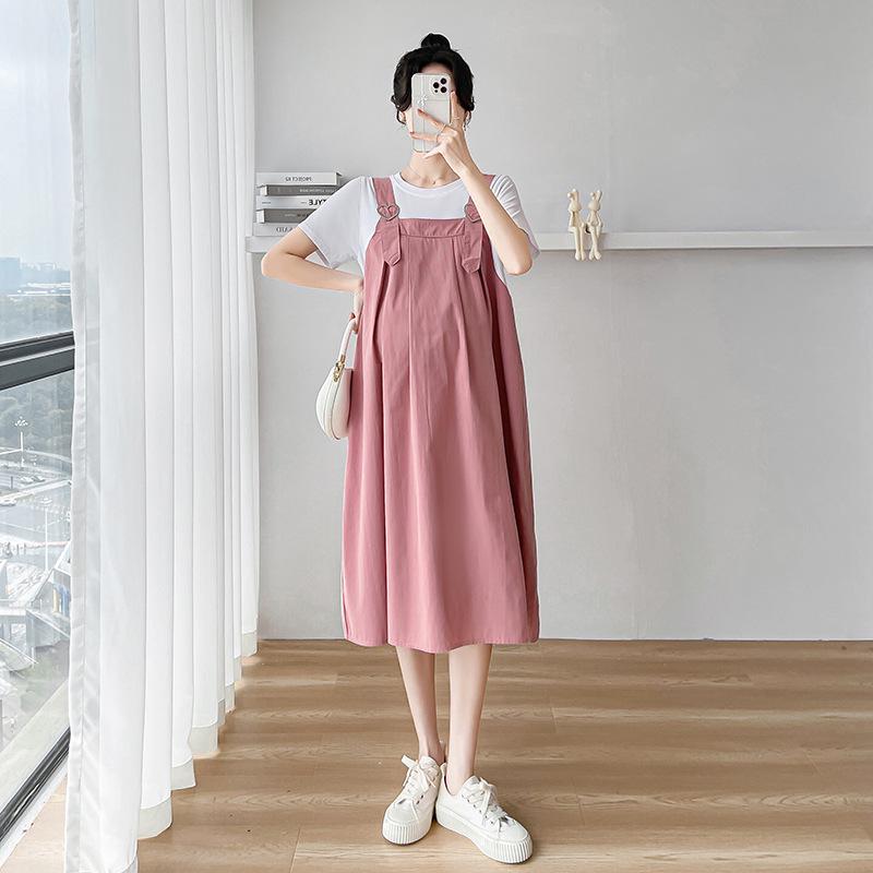 Korean Style Maternity Dress: 2026 Summer Patchwork Skirt, Faux Two-Piece Design 2XL
