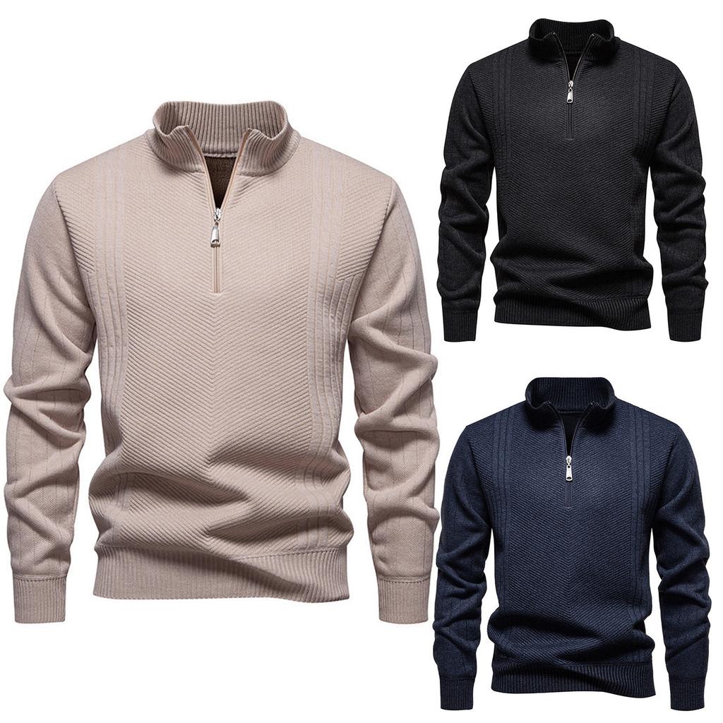 Men's Solid Color Textured Casual Pullover Stand Collar Sweater Jacket Plus Velvet Long Sleeve Top