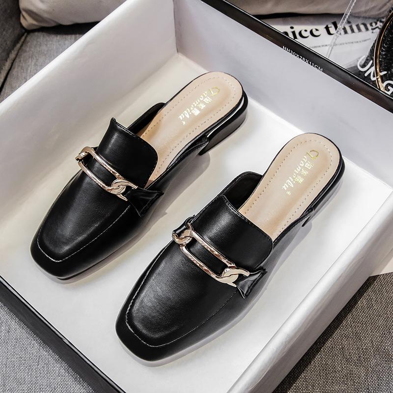 

2025 лето новые Xiaoxiangfeng сумка голова полутапочки женские носить толстый низкий каблук мода Muller большой размер крутые тапочки женские 43 чёрный