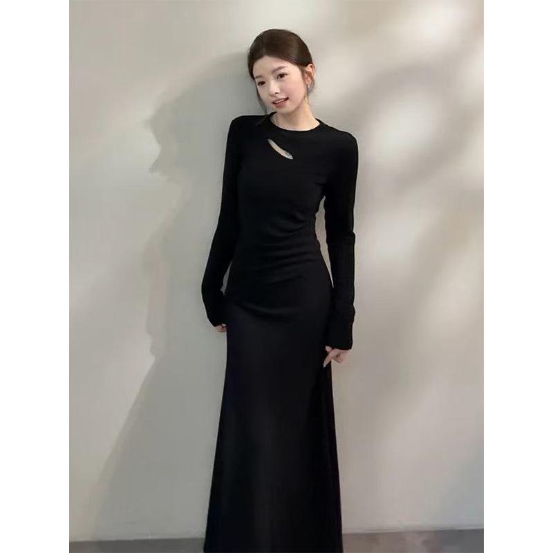 German Velvet Autumn and Winter New Popular Sexy Waist Long Dress Pure Desire Style Spice Girl Temperament Hollow Dress Women