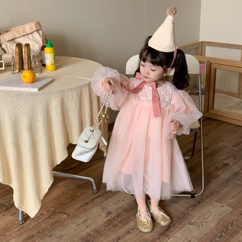 Kinder Kleidung Frühling Sommer Langarm Dünne Spitze Tüll Kleid Koreanischen Stil Mädchen Prinzessin Mode Süße Fee Mesh Kleider