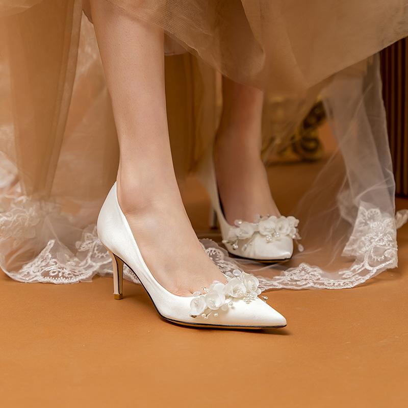 Wedding Shoes Women's 2024 Main Wedding Dress White High Heels Burgundy Xiuhe Bridal Shoes Mid Heel Plus Size Single Shoes