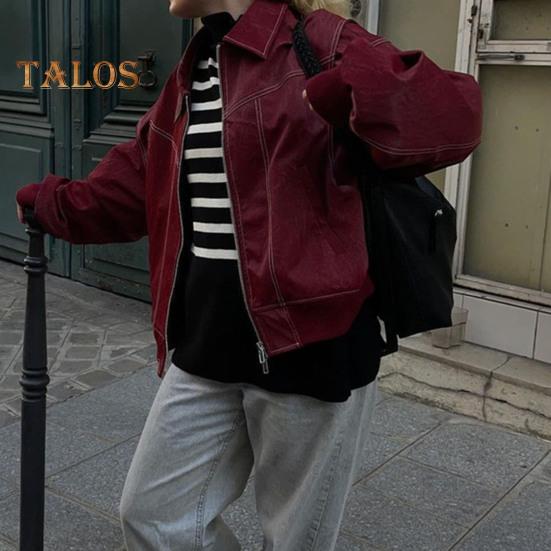 Lady Retro Coat Pure Color Turn-down Collar Zipper Closure Elastic Cuff And Hem Faux Leather Motocycle Jacket Outdoor Travel Coat