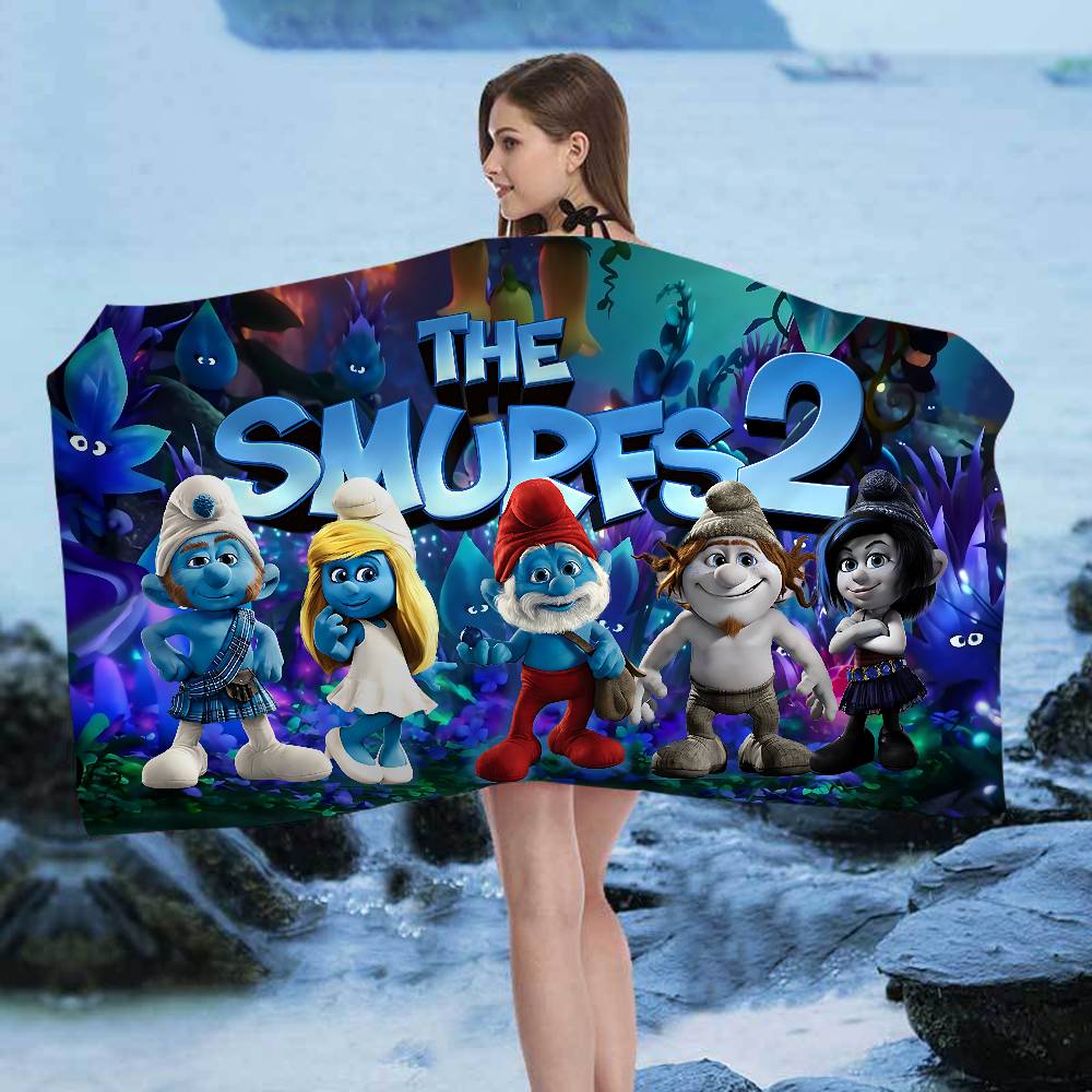 Cartoon S_Smurfs Microfiber Blanket Quick Drying Beach Towels Oversized Printing Super Absorbent Pool Towel Blanket