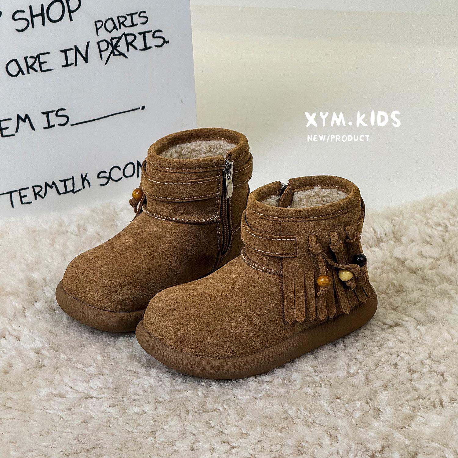 2025 Winter Kids  Korean Retro Velvet Tassel Boots 22-25 mixed, min 4 pairs верблюд