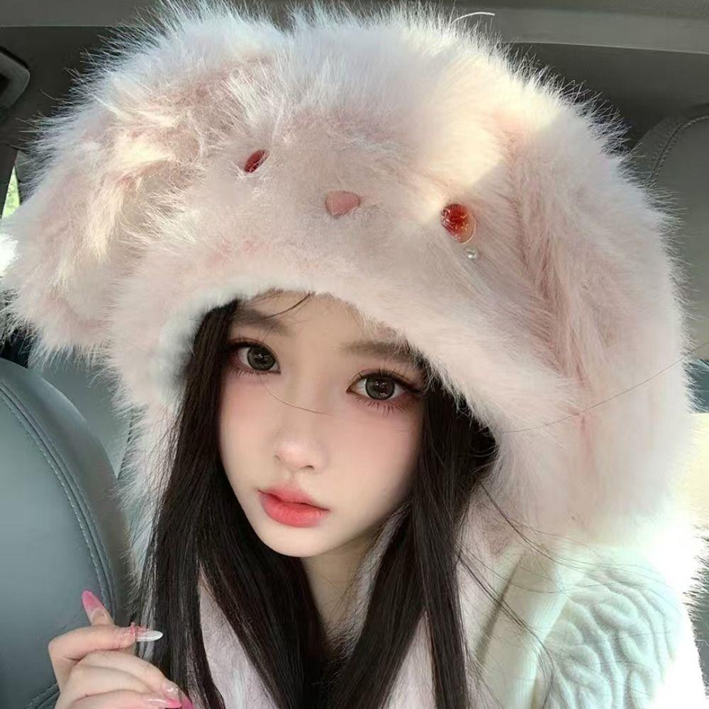 Anti-cold Winter Plush Hat Windproof Ear Will Move Rabbit Ears Warmer Hat Cartoon Cute Fluffy Ear Protection Cap Autumn