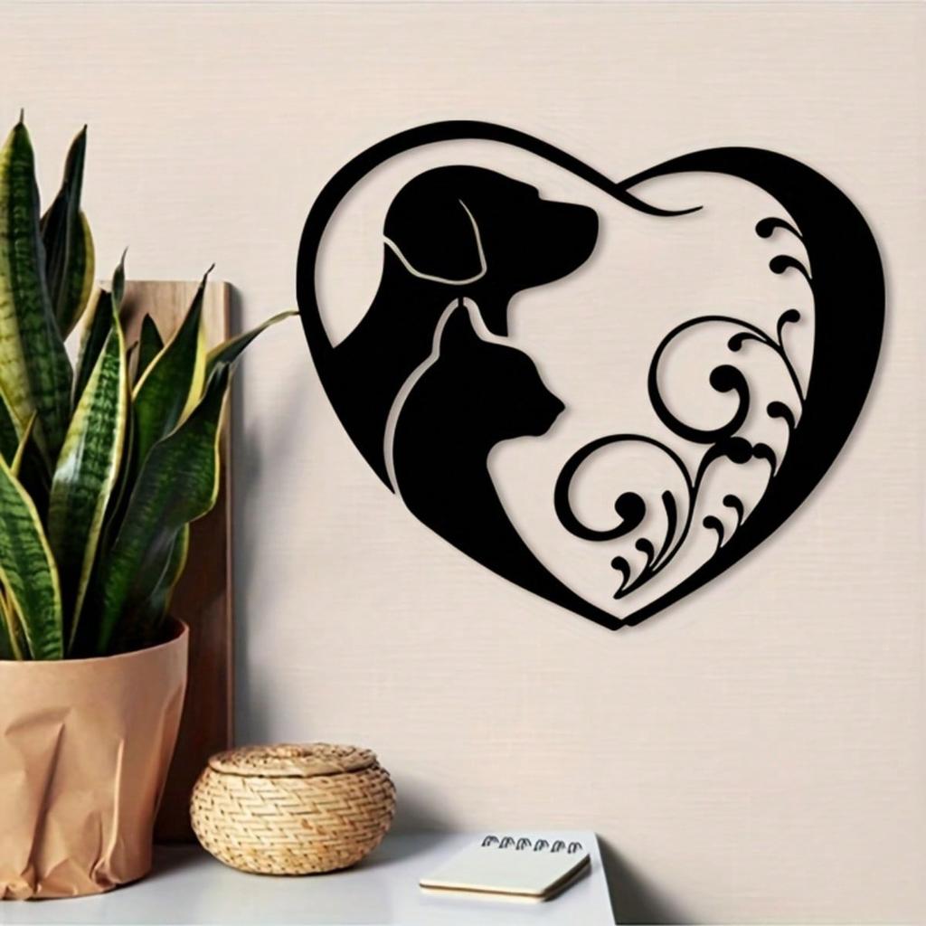 Pet Heart Shape Metal Wall Art Black Silhouette Dog Cat Lover Gift Indoor Outdoor Decor
